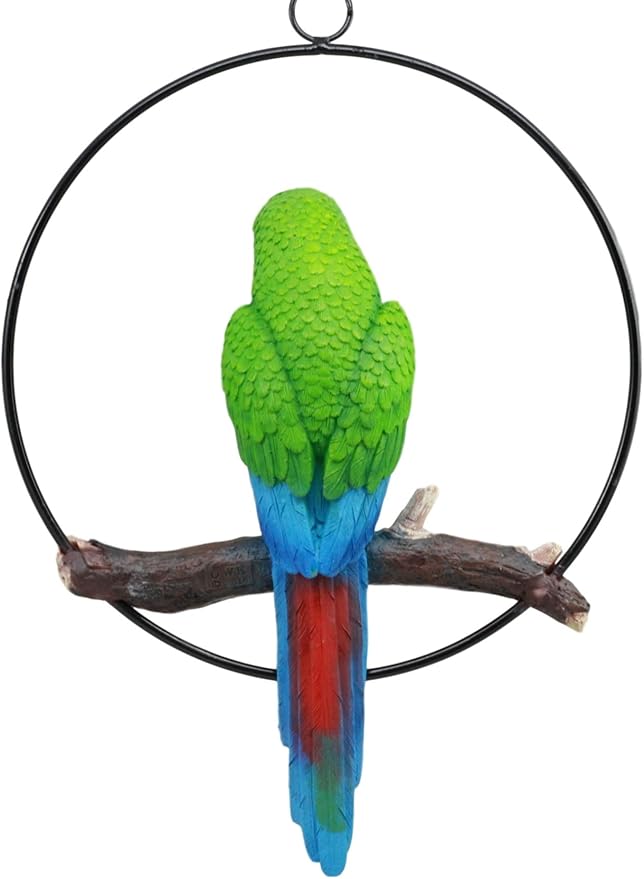 Ebros Patio Home Garden Hanging Scarlet Macaw Parrot Perching on Branch in Metal Round Ring Figurine Sculpture Nature Lovers Tropical Bird Collectors Decor 13.5" H (Green)