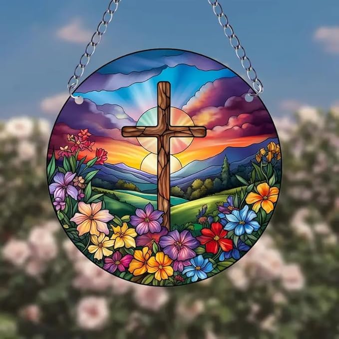 Cross Flowers Stained Window Hangings with Chain – Acrylic Cross Flowers Ornament for Garden, Patio and Indoor Decor, Housewarming Gift for Mom, Grandma