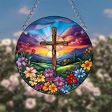 Cross Flowers Stained Window Hangings with Chain – Acrylic Cross Flowers Ornament for Garden, Patio and Indoor Decor, Housewarming Gift for Mom, Grandma