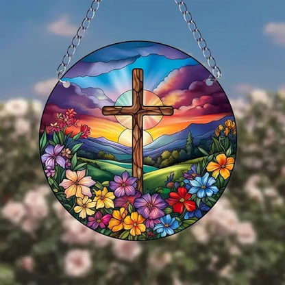 Cross Flowers Stained Window Hangings with Chain – Acrylic Cross Flowers Ornament for Garden, Patio and Indoor Decor, Housewarming Gift for Mom, Grandma