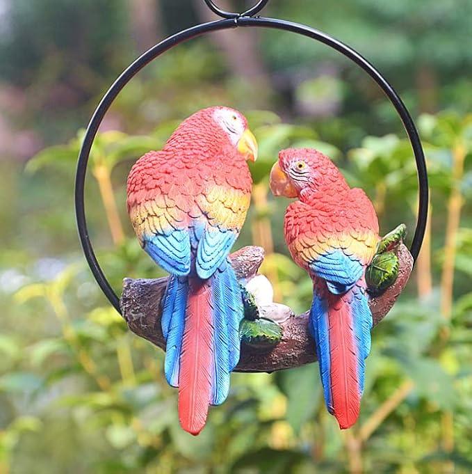 Mini Garden Statues Hanging Iron Ring Parrots, Resin Parrot Hanging Statue, Hanging Birds Figurine for Pathways Yard Patio Office Home Indoor Outdoor Tree Decorations (B-3)
