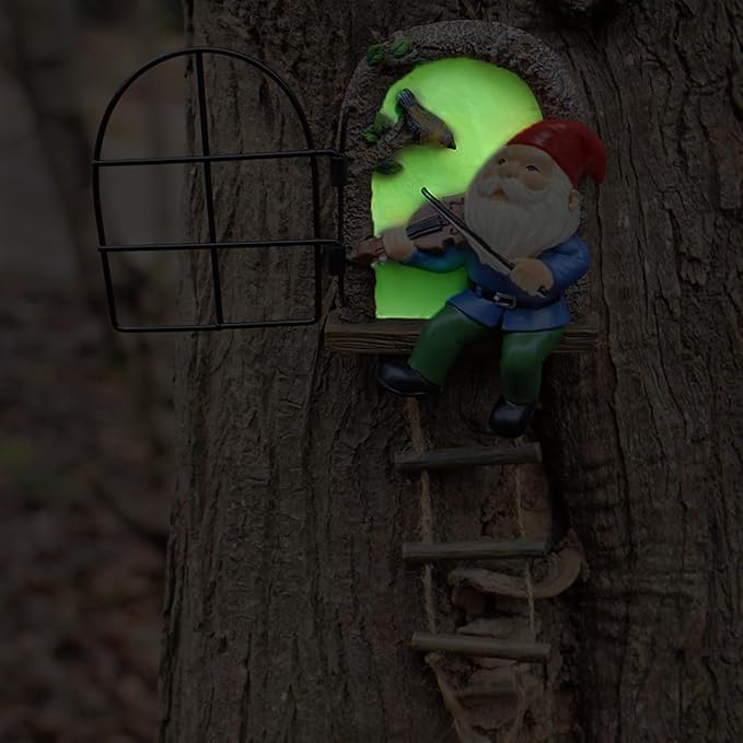 Garden Gnome Window Statue for Trees and Wall, Dwarf Playing Violin Luminous Fairy Garden Miniature Accessories, Glow in The Dark Art Sculpture