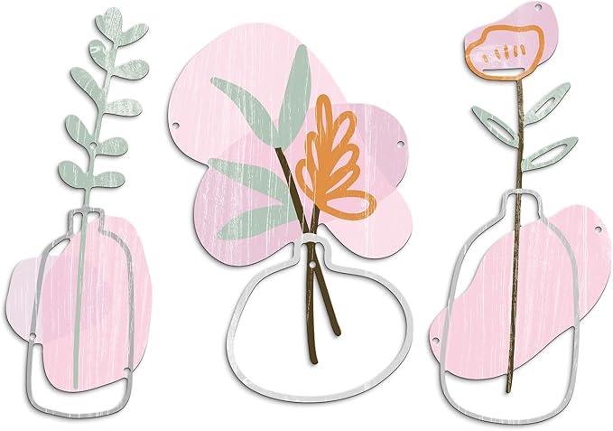Putuo Decor 3Pcs Metal Flower Wall Art, Minimalist Flower Vase Bathroom Wall Decor, Rustic Farmhouse Decor for Living Room, Bathroom, Bedroom, Elegant Housewarming Gift(Pink)