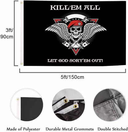Swono Military Skull Flag 3x5 ft Skeleton With Wings Dagger Kill Em Them All Let God Flag for Outdoor Indoor Office Workplace Home Garden Business