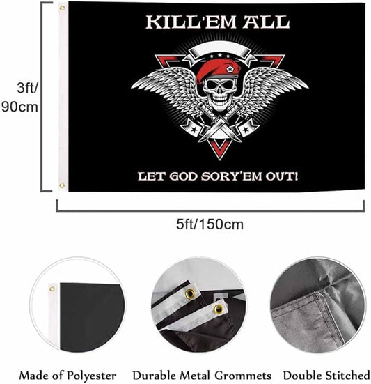 Swono Military Skull Flag 3x5 ft Skeleton With Wings Dagger Kill Em Them All Let God Flag for Outdoor Indoor Office Workplace Home Garden Business