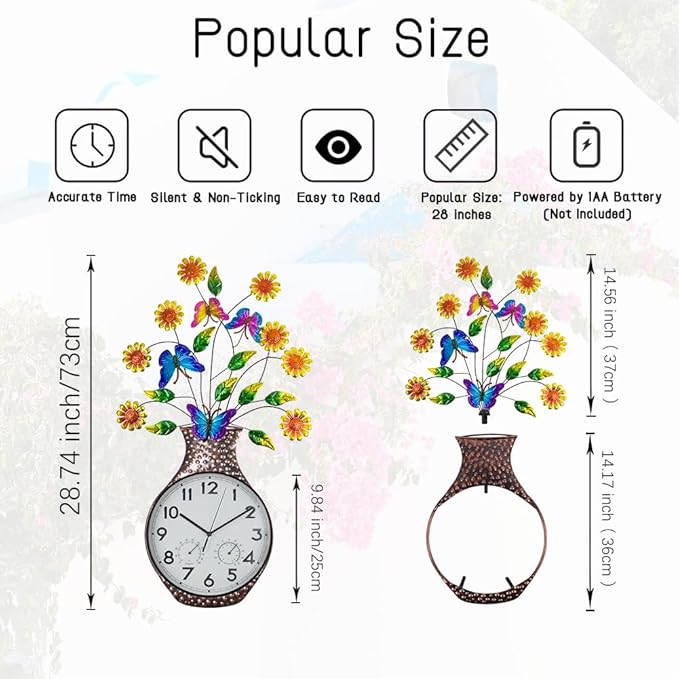 Large Outdoor Clock with Thermometer & Humidity - Silent Non-Ticking Sun Outdoor Wall Clock for Patio, Garden, Kitchen, Living Room(Silver)
