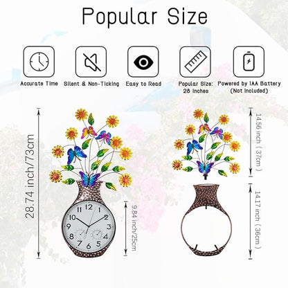 Large Outdoor Clock with Thermometer & Humidity - Silent Non-Ticking Sun Outdoor Wall Clock for Patio, Garden, Kitchen, Living Room(Silver)
