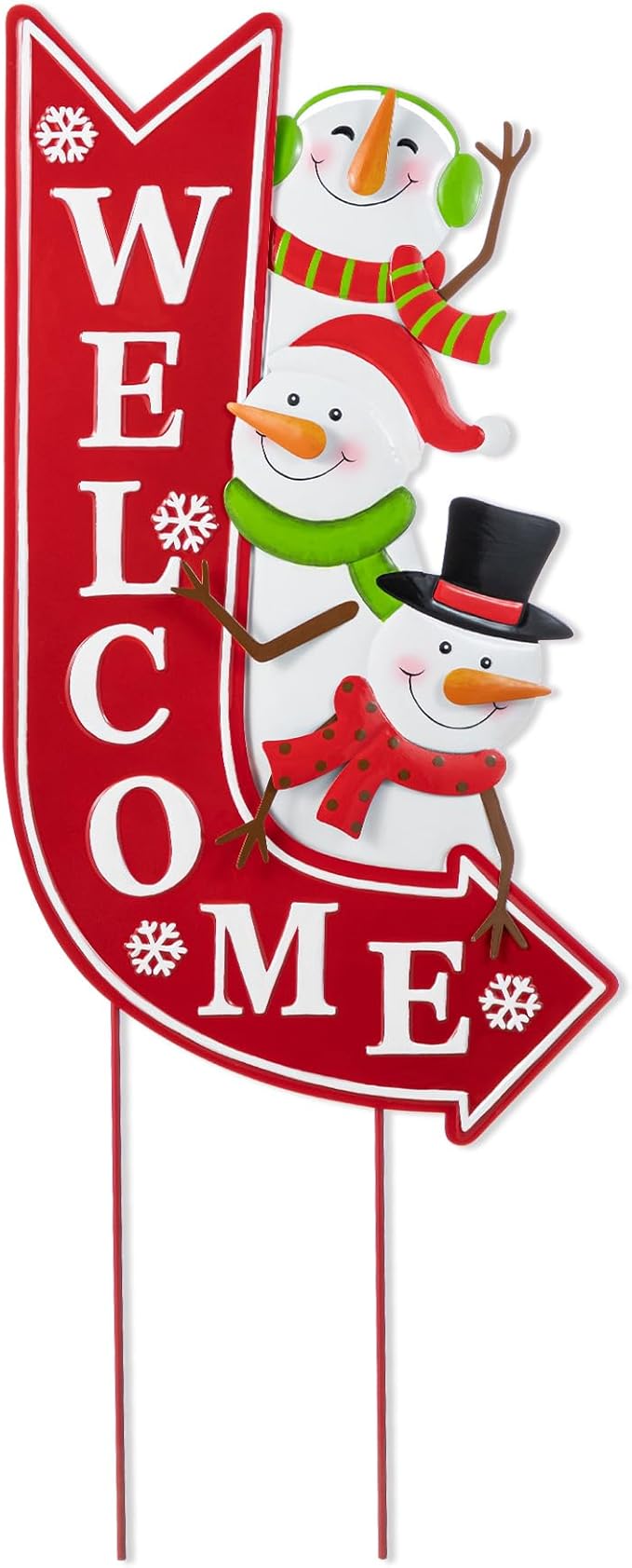 Glitzhome Christmas Welcome Yard Stake, 35.75 Inch Snowmen with Red Arrow Sign, Metal Outdoor Holiday Decor for Lawn, Garden, Porch, Easy Assembly Iron Wall or Ground Decoration