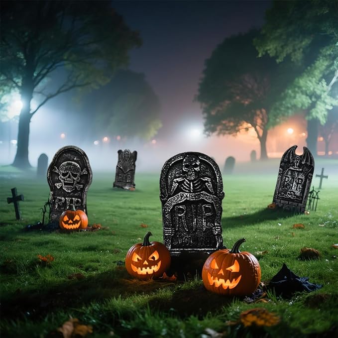 WODMAZ Halloween Foam RIP Graveyard Tombstones (5 Pack), Headstone Yard Decorations with 10 Metal Stakes, Halloween Tombstone Decorations for Lawn Yard Garden Outdoor Indoor Decor