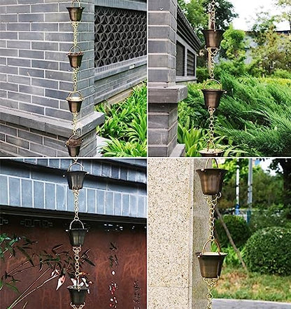 Decorative Rain Chains Waterfall, Rain Chain Copper Rain Chain Extension, Ancient Temple Eaves Water Guide Rain Chain Cups, Rain Catcher Wind Chime for Downspouts, Garden Decorative ( 260cm (8.5ft))