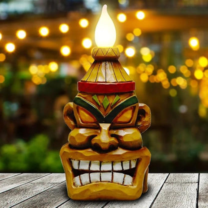 Outdoor Solar Tiki Statue Decor - Tiki Bar Decoration - Torch Tiki Head Statues for Patio, Yard, Backyard, Lawn, Garden Gift, Garden Tiki Figurine 8.74 Inch Tall