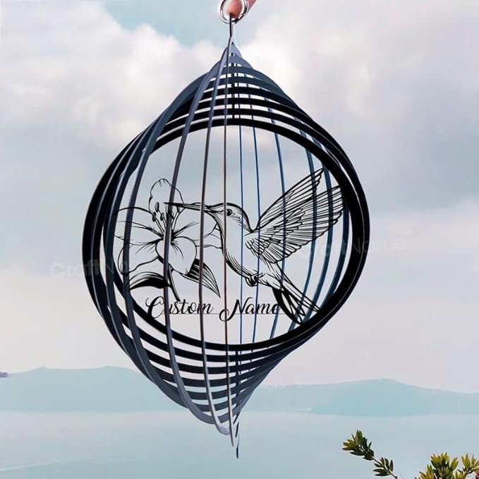 Personalized Hummingbird Metal Wind Spinner, Custom Outdoor Ornament for Yard Display, Kinetic Bird Sculpture, Nature Gift (Hummingbird Garden Wind Spinner)