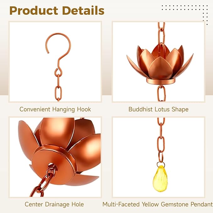 OMISTAR Rain Chain with 5 Lotus Cups, Hanging Outdoor Gutter Rain Chain, Decorative Downspout with Lotus Flowers & Yellow Gemstone Pendant, 47 in Rain Chain for Garden, Patio, Porch, Yard