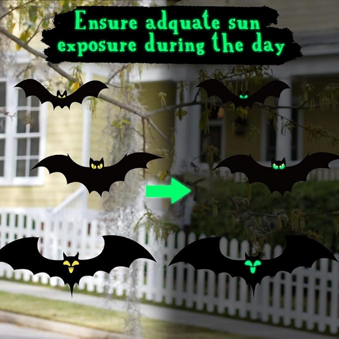 18 PCS Hanging Bats Halloween Decoration Outdoor Black Plastic Bats with Glowing Eyes Different Size Flying Bats Halloween Decor Hanging in The Tree, Porch, Yard, Lawn, Indoor
