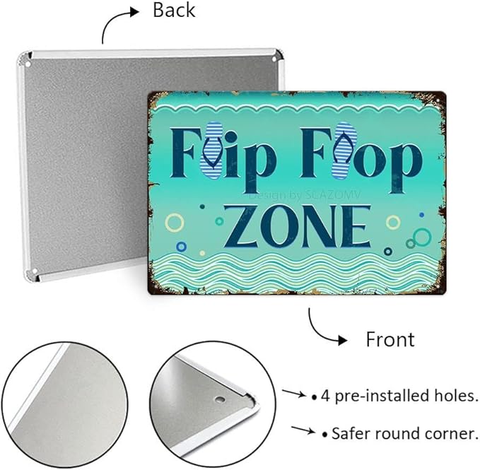 SCAZOMV Flip Flop Zone Sign Metal Tin Sign Funny Pool Signs Beach House Decor Vintage Pool Tropical Beach Patio Decoration 8"x12" Beach Signs for Home Decor