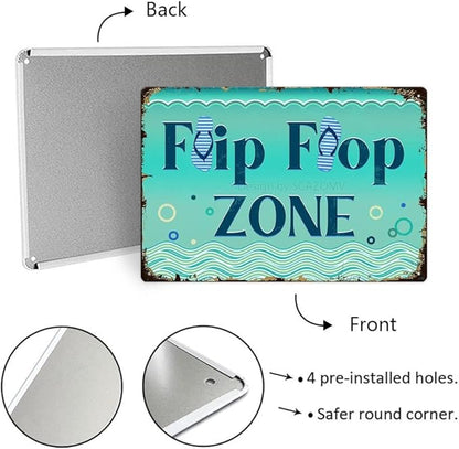 SCAZOMV Flip Flop Zone Sign Metal Tin Sign Funny Pool Signs Beach House Decor Vintage Pool Tropical Beach Patio Decoration 8"x12" Beach Signs for Home Decor