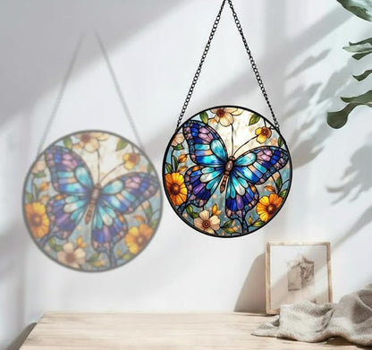 Butterfly Stained Glass Suncather for Window Hanging, 6.3'' Blue Butterfly Ornament Gift for Women, Nature-Inspired Wall Art Home Decor Gifts for Mom, Grandma, Mother's Day (Blue, 6.3'')