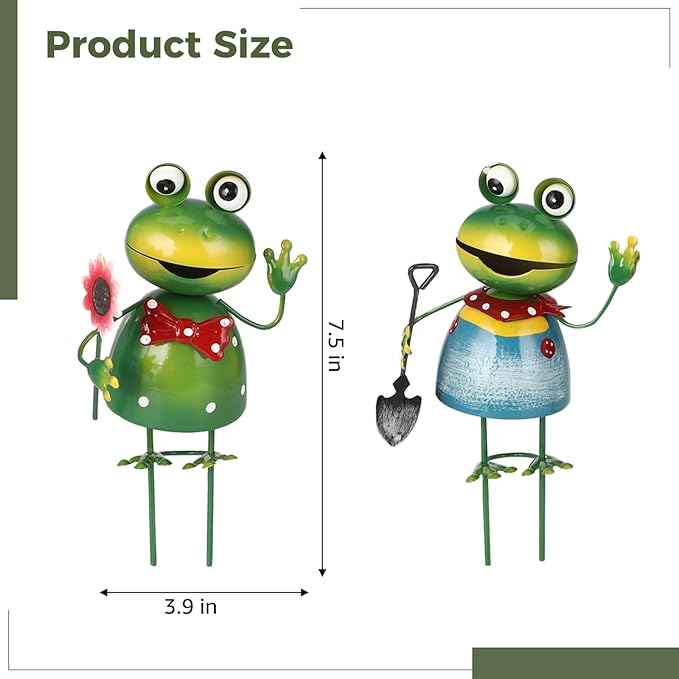 2 Frog Statues for Garden, Metal Figurines, 3.9 X 7.5 in, Holding Flower/Shovel, Sturdy Iron, Gift for Gardener, Outdoor Decor