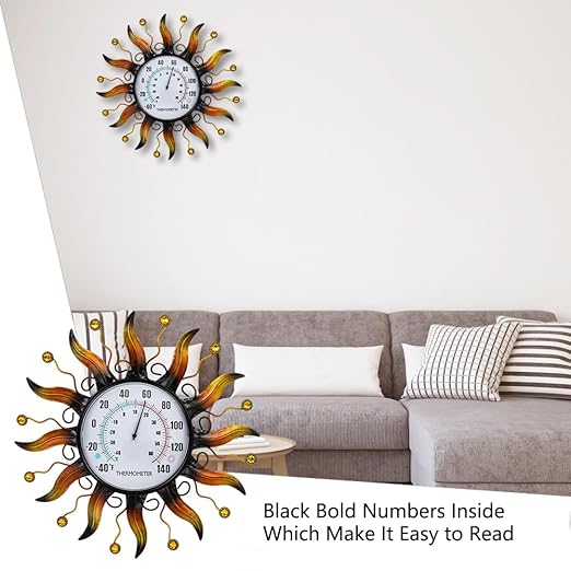 VEWOGARDEN 13.5 Inch Metal Sun Outdoor Thermometer Waterproof Decorative Wall Indoor Outdoor Thermometer for Patio, Garden & Home Decor