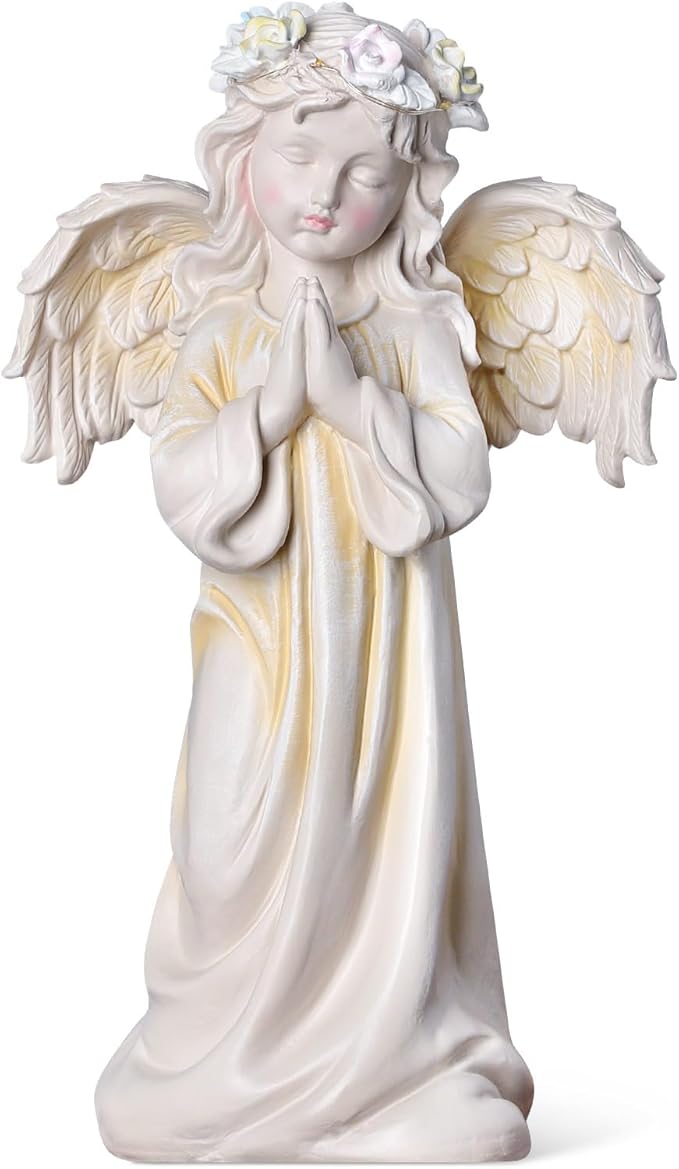 Angel Garden Statue,Memory Guardian Solar Garden Decor with Warm Light,Waterproof Outdoor Garden Decor Praying Angel Figurine Sculpture for Lawn Yard Patio,Sympathy Present,White
