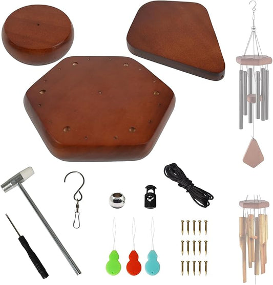 Wind Chime Kit 28 PCS Wind Chime Replacement Parts Including Hexagon Top, Clapper, Wind Catcher, 19.6FT Nylon Cord, DIY Wood Windchime Supplies (Brown)