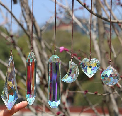 6PCS Crystal Sun Catcher Prisms, AB Colored Suncatcher Crystals Outdoor Indoor Window Hanging Christmas Ornaments Rainbow Maker Prisms for Home Garden Decor