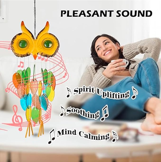 HOTIYOK Stained Glass Owl Wind Chime Suncatchers, Handcrafted Metal & Glass Wind Chimes for Outside, Unique Hanging Garden Decor for Patio Porch Yard Outdoor, Mother’s Day Birthday Gift for Women Mom