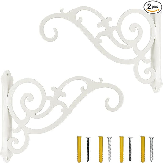 Iron Hanging Planter Bracket, 2 Pcs 6-Inch Wall Hooks for Hanging Birds Feeders, Latern, Wind Chimes, Coat, Decorative Indoor Outdoor (Screws Included, White)