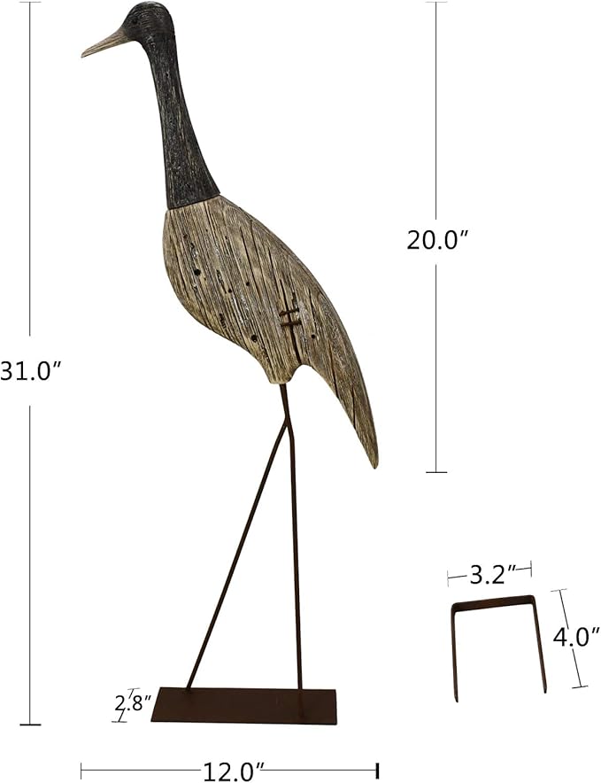 E-view Garden Heron Statue Outdoor Wood Standing Bird Sculptures - Backyard Porch Patio Pond Decorations Yard Art Wooden Heron Lawn Decor, 31Inches High