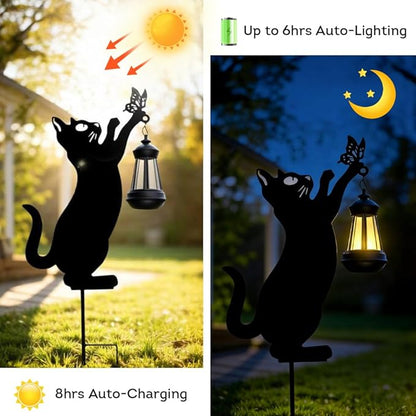 Lily's Home Black Cat Garden Decor with Solar Light Lantern - Outdoor Solar Lights for Pathway & Patio - Durable Waterproof Metal - Yard & Patio Decor - Unique Gift for Cat Lovers - 23’’ Tall