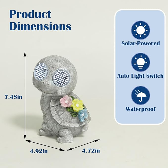 Outdoor Solar Garden Statue, Dynamic LED Light with Flower Sculpture, Art Decor for Patio Porch Lawn Backyard, Housewarming Gifts for Women (Stone Turtle)