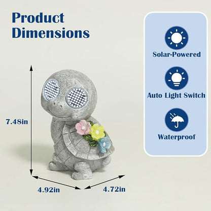 Outdoor Solar Garden Statue, Dynamic LED Light with Flower Sculpture, Art Decor for Patio Porch Lawn Backyard, Housewarming Gifts for Women (Stone Turtle)