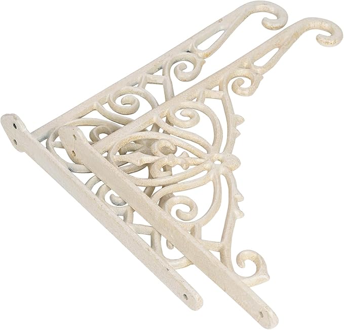 Sungmor Decorative Cast Iron Wall Bracket for Hanging Baskets – 2 Pack Heavy Duty Plant Hanger Hook for Outdoor/Indoor Use – Vintage White Metal Hanging Bracket for Lanterns, Bird Feeders, Signs