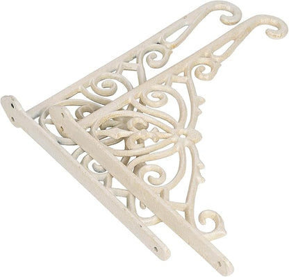 Sungmor Decorative Cast Iron Wall Bracket for Hanging Baskets – 2 Pack Heavy Duty Plant Hanger Hook for Outdoor/Indoor Use – Vintage White Metal Hanging Bracket for Lanterns, Bird Feeders, Signs