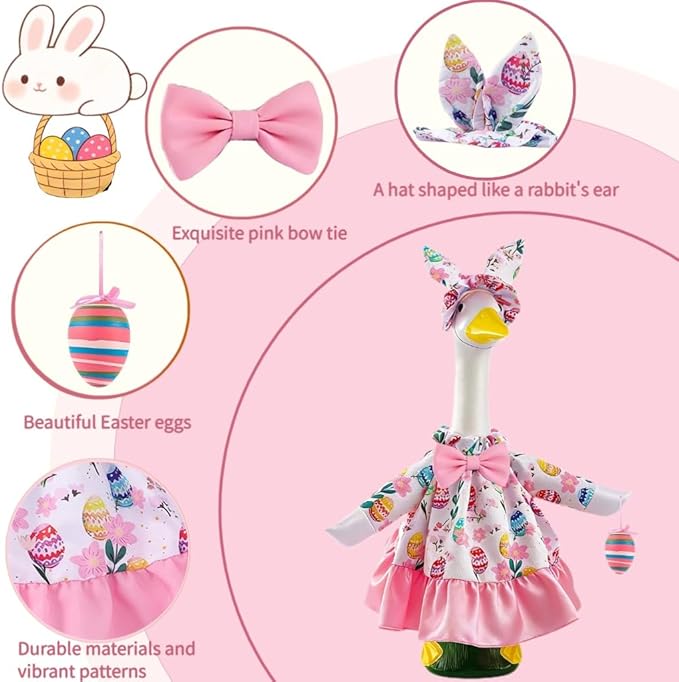 Easter Outfit for Porch Goose, Bunny Ear Hat with Easter Egg, Pink Dress Fit 17-23 Inch Goose Decoration, Holiday Costume for Front Porch Lawn Garden