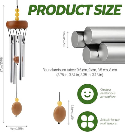 10.6'' Aluminium Mini Wind Chimes with 4 Rods, Memorial Wind Chimes for Outside Small Gifts Deep Tone Unique Garden Patio Hanging Home Decor Brown