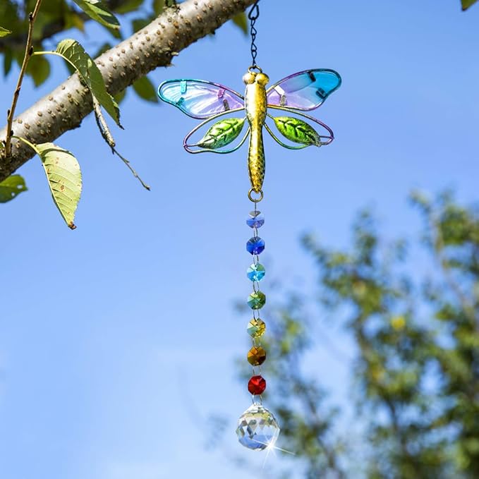 14'' Dragonfly Decor Stained Glass Suncatcher for Windows Hanging Crystal Sun Catcher Prism Rainbow Maker Pendant Ornament for Christmas Tree