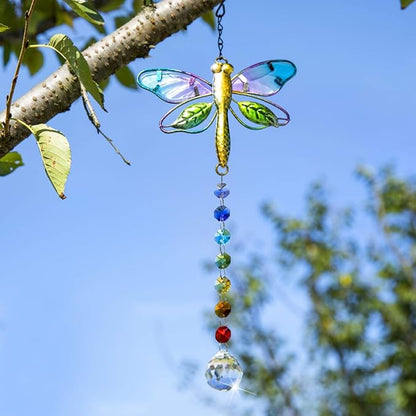 14'' Dragonfly Decor Stained Glass Suncatcher for Windows Hanging Crystal Sun Catcher Prism Rainbow Maker Pendant Ornament for Christmas Tree