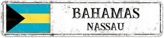 Bahamas Street Sign Custom Bahamas Flag Signs Capital City of Bahamas Metal Sign Road Wall Art Farmhouse Decorative Sign Rustic Home Decoration Gift for Foreign Friend, Neighbor 18x4inch