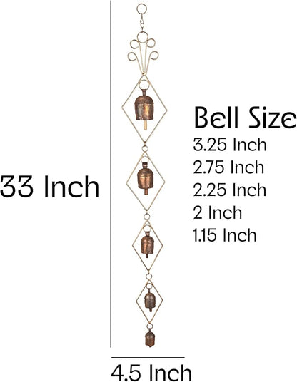 Rustic Gold Metal Wind Chimes for Outside Yard Decor – 33" Diamond Frame Hanging Wind Catcher - Bronze Finish Garden Accent for Porch, Balcony, Meditation, Memorial, or Outdoor Entryway