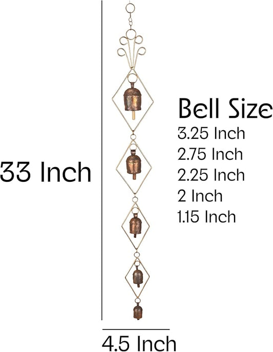 Rustic Gold Metal Wind Chimes for Outside Yard Decor – 33" Diamond Frame Hanging Wind Catcher - Bronze Finish Garden Accent for Porch, Balcony, Meditation, Memorial, or Outdoor Entryway