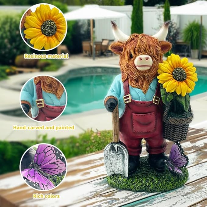 Outdoor Highland Cow Garden Statue with Sunflower Basket, Handmade Resin Figurine for Yard Patio Lawn Decor, Birthday Gifts for Women & Mom