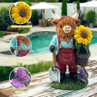 Outdoor Highland Cow Garden Statue with Sunflower Basket, Handmade Resin Figurine for Yard Patio Lawn Decor, Birthday Gifts for Women & Mom