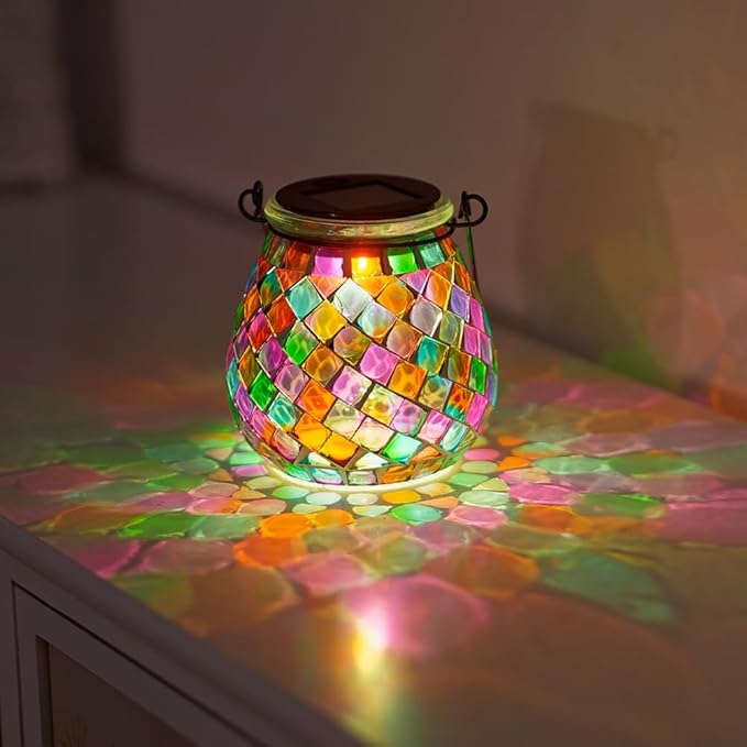 Stargarden Mosaic Solar Lanterns Outdoor Waterproof, Colorful Glass Hanging Lantern Decorative Solar Lights for Yard, Patio, Lawn, Gaden Decor