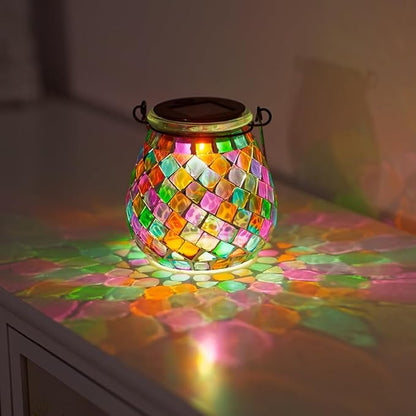 Stargarden Mosaic Solar Lanterns Outdoor Waterproof, Colorful Glass Hanging Lantern Decorative Solar Lights for Yard, Patio, Lawn, Gaden Decor