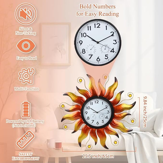 Large Outdoor Clock with Thermometer & Humidity - Silent Non-Ticking Sun Outdoor Wall Clock for Patio, Garden, Kitchen, Living Room(Yellow)