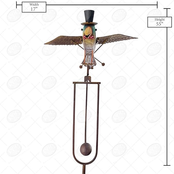 Red Carpet Studios Garden Stake Yard Art Metal and Glass Balance Rocker with Stake, 20-Inches, Flying Bluebird in Hat