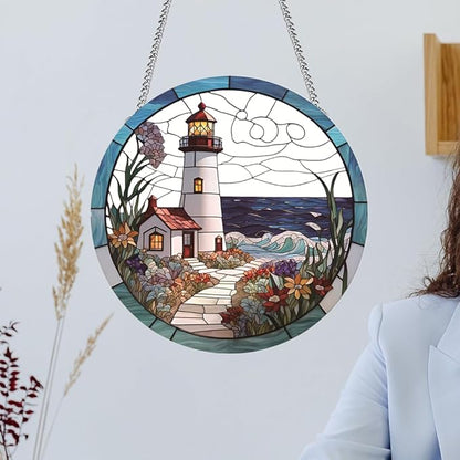 Lighthouse Stained Window Hangings with Chain– Acrylic Round Ornament for Garden, Patio and Indoor Decor, Housewarming Gift for Mom, Grandma
