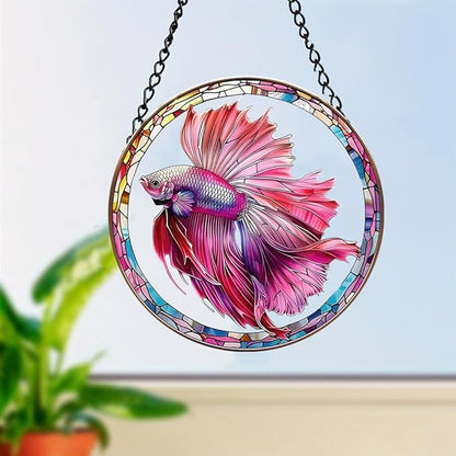 Betta Fish Stained Window Hangings with Chain – Acrylic Pink Fish Ornament for Garden, Patio and Indoor Decor, Housewarming Gift for Mom, Grandma and Fish Lovers