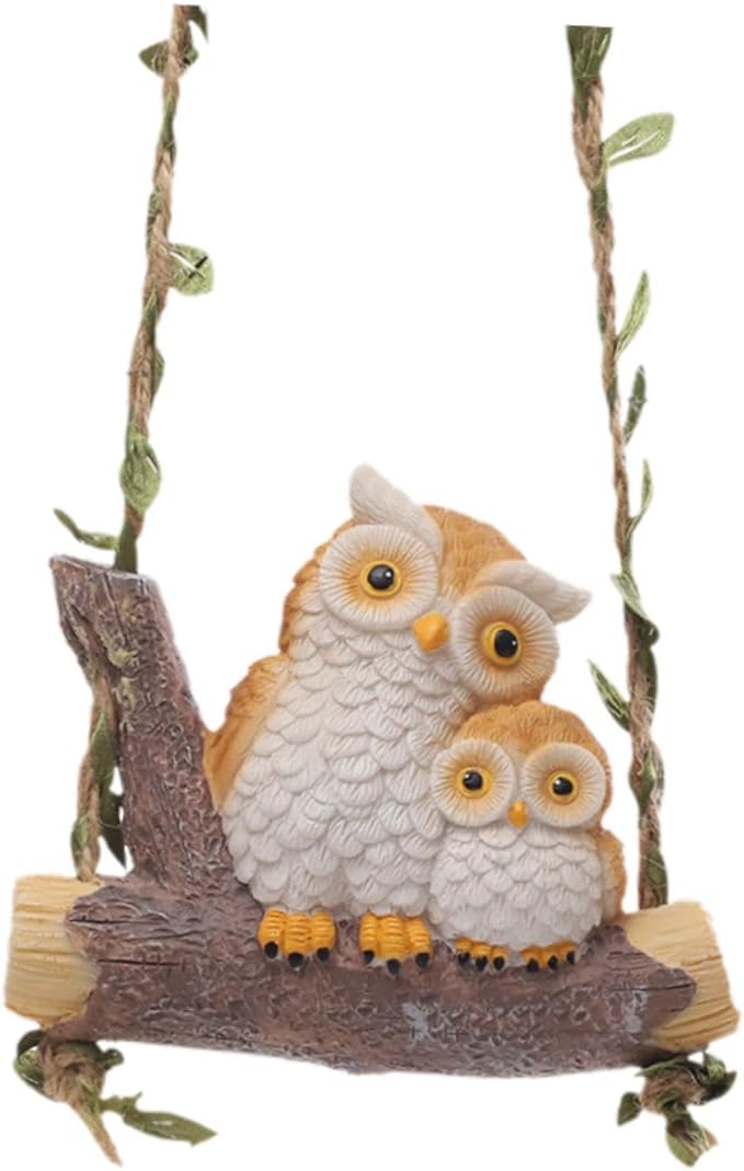 Swing Animal Garden Statue, Hanging Sculpture,Creative, Cartoon Cute Figurine Resin Ornament for Outdoor Courtyard Tree, Owl Statue